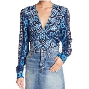 Free People Blue and White Patterned Blouse